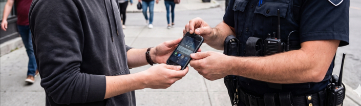 Policier examinant le téléphone cellulaire d'un citoyen lors d'une fouille dans la rue