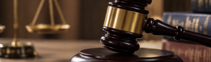 Marteau de juge et balance de la justice illustrant les sanctions pénales liées au non-respect d'une interdiction de contact.