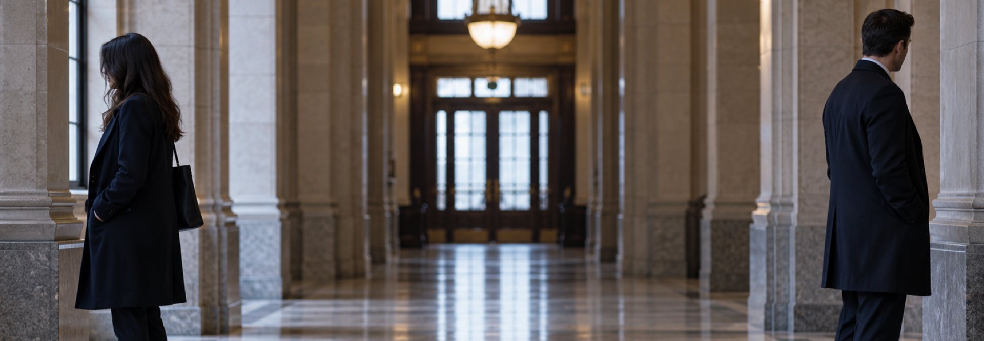 Homme et femme se tournant le dos dans un hall du palais de justice, illustrant le respect d'une ordonnance d'interdiction de contact.