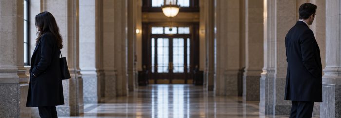 Homme et femme se tournant le dos dans un hall du palais de justice, illustrant le respect d'une ordonnance d'interdiction de contact.